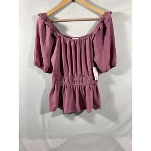 Nine West Sz Small Smock Top Gathered Waist Puff Short Sleeve Lilac NWT